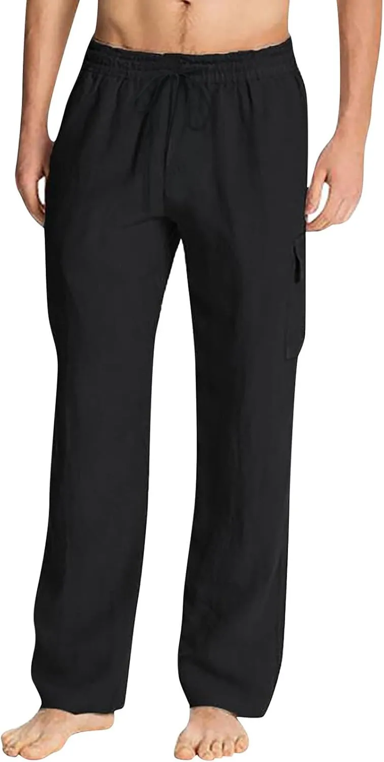 Mens Cotton Linen Cargo Pants Relaxed Fit Casual Baggy Sweatpants with Multi Pockets Fashion Resort Trousers for Men