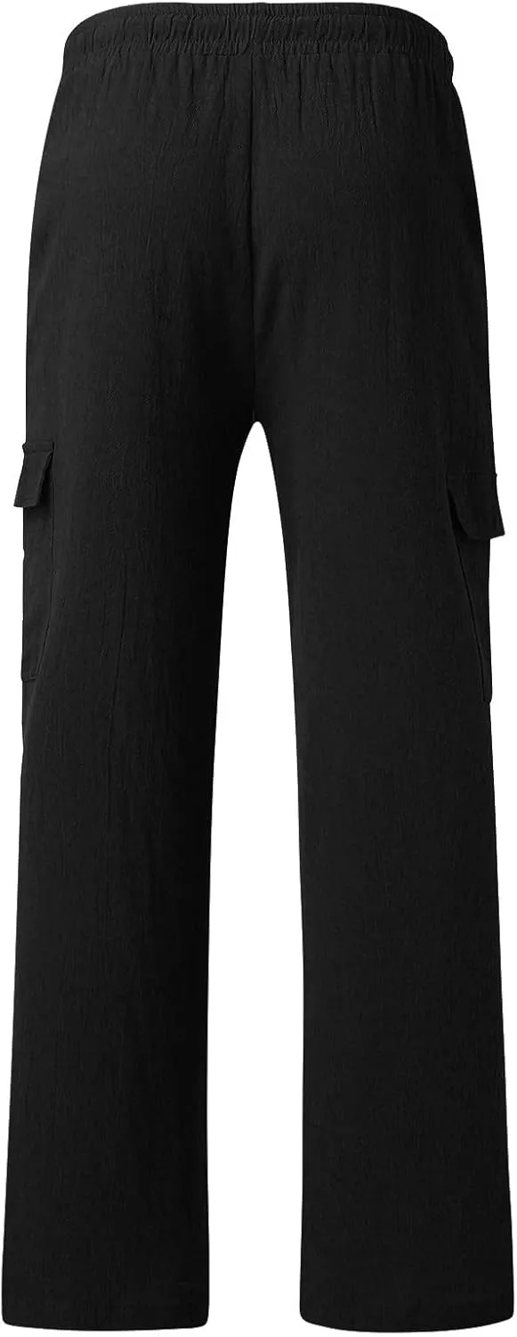 Mens Cotton Linen Cargo Pants Relaxed Fit Casual Baggy Sweatpants with Multi Pockets Fashion Resort Trousers for Men