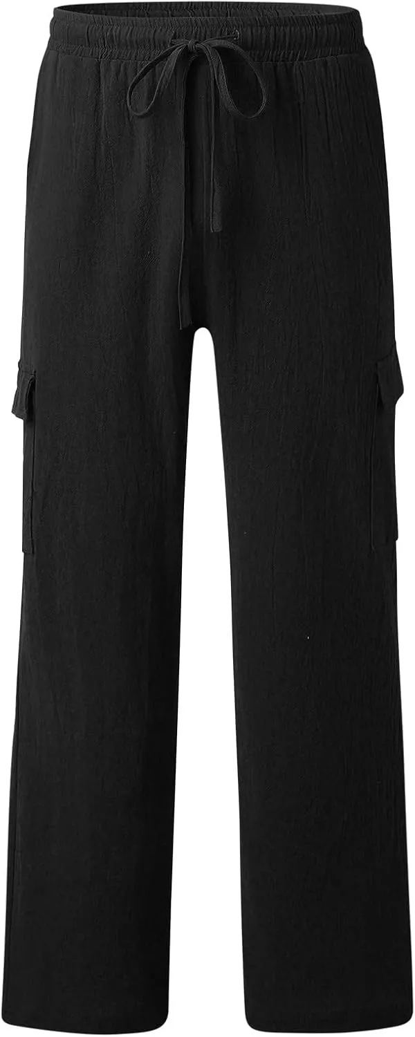 Mens Cotton Linen Cargo Pants Relaxed Fit Casual Baggy Sweatpants with Multi Pockets Fashion Resort Trousers for Men