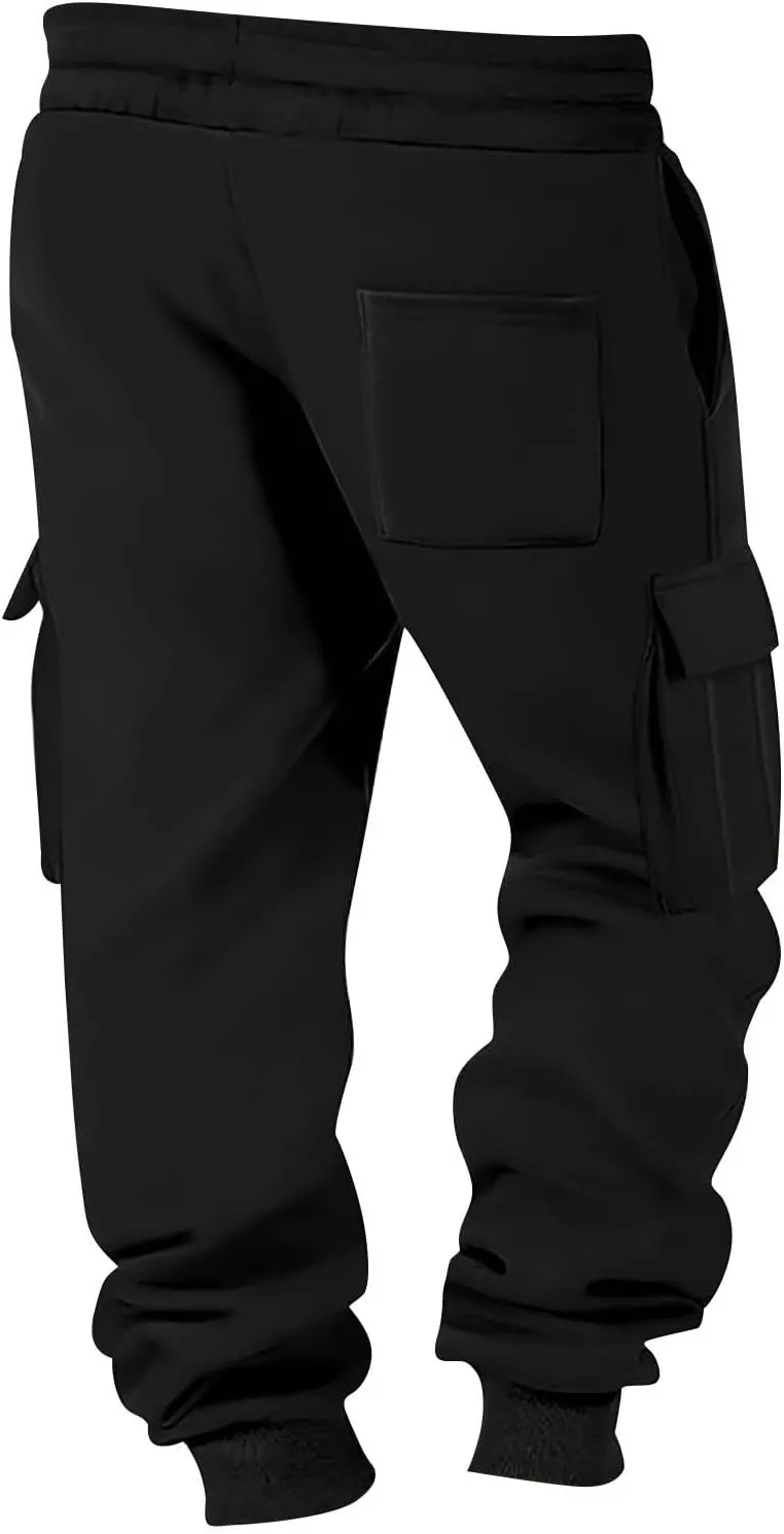 Men's Running Cargo Pants Wide Elastic Waist Pants with Multi-Pocket Relaxed Drawstring Comfy Trousers