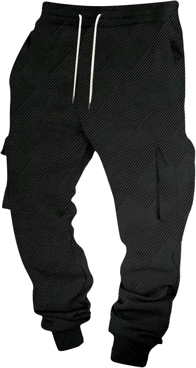 Men's Running Cargo Pants Wide Elastic Waist Pants with Multi-Pocket Relaxed Drawstring Comfy Trousers