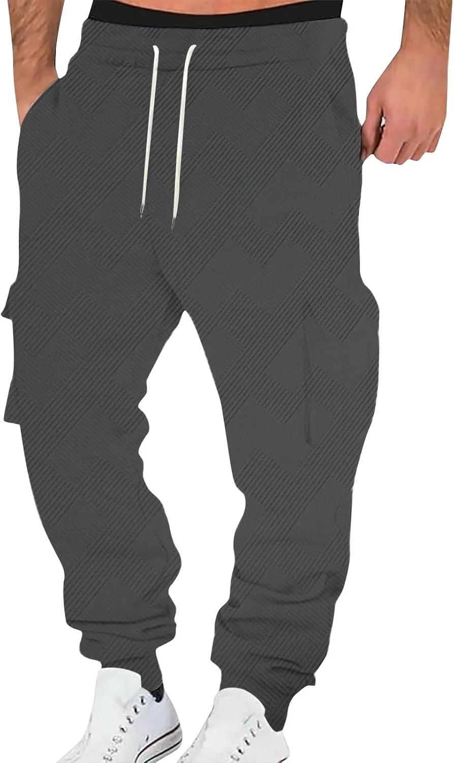 Men's Running Cargo Pants Wide Elastic Waist Pants with Multi-Pocket Relaxed Drawstring Comfy Trousers