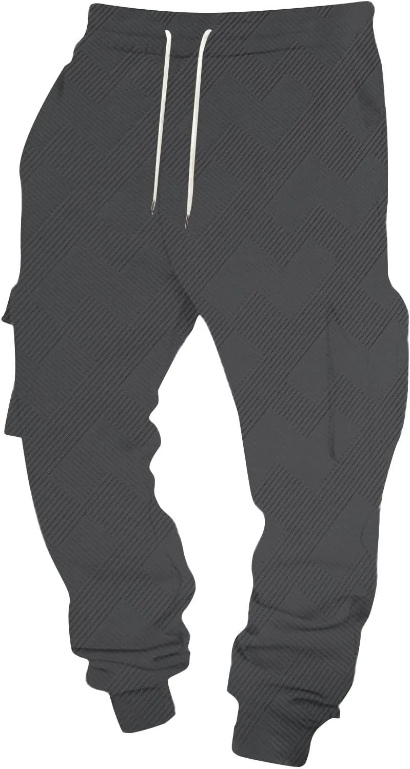 Men's Running Cargo Pants Wide Elastic Waist Pants with Multi-Pocket Relaxed Drawstring Comfy Trousers