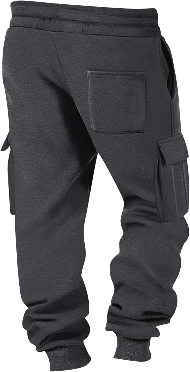 Men's Running Cargo Pants Wide Elastic Waist Pants with Multi-Pocket Relaxed Drawstring Comfy Trousers