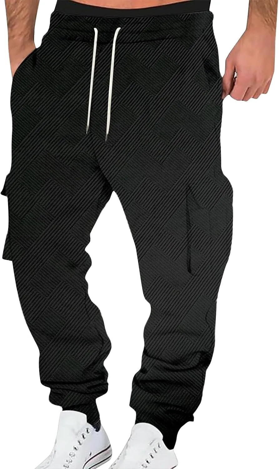 Men's Running Cargo Pants Wide Elastic Waist Pants with Multi-Pocket Relaxed Drawstring Comfy Trousers