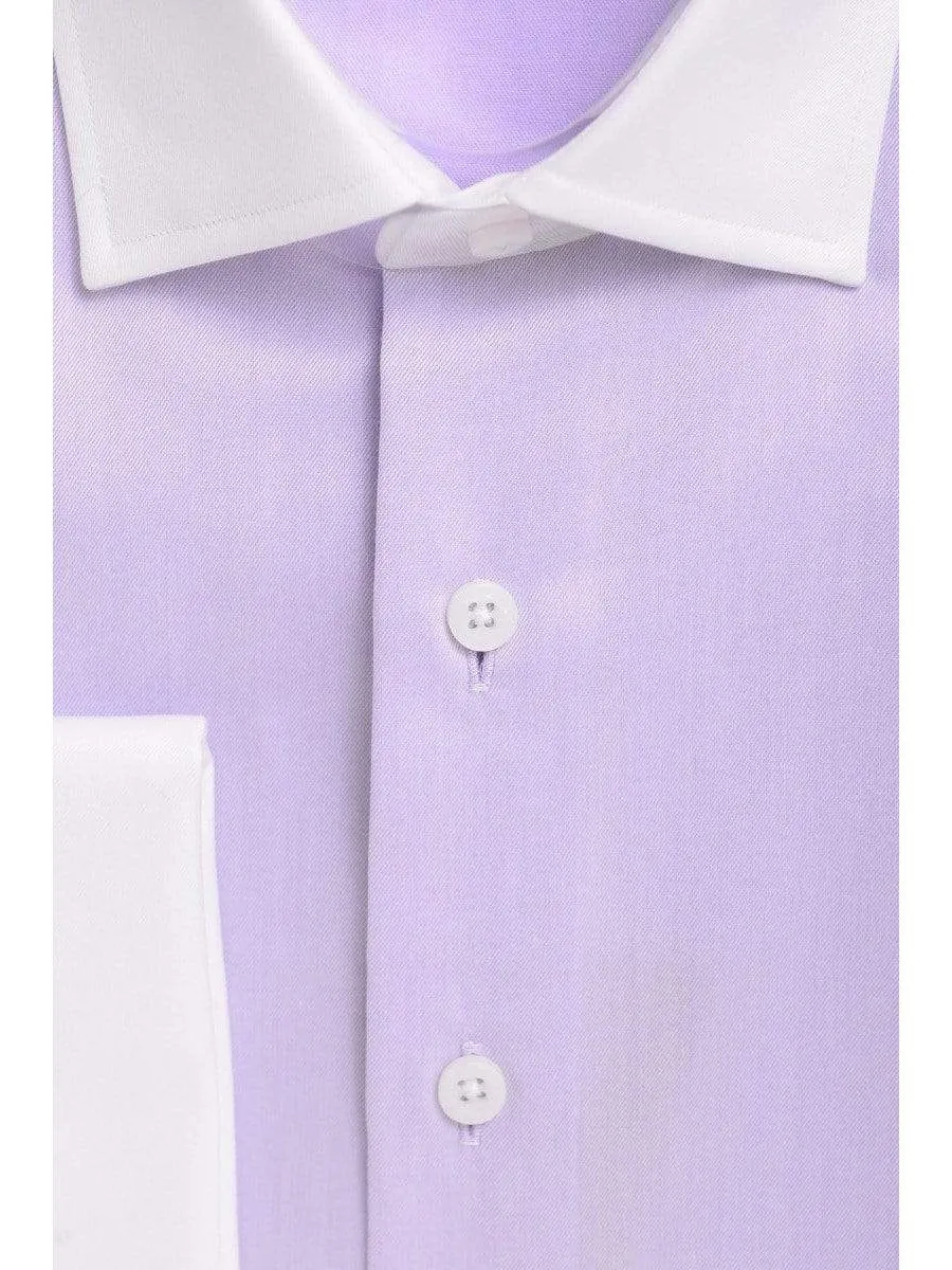 Mens Slim Fit Light Purple Spread Contrast Collar French Cuff Cotton Dress Shirt