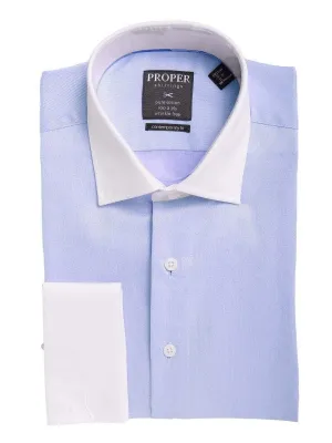 Mens Slim Fit Solid Blue Spread Contrast Collar French Cuff Cotton Dress Shirt