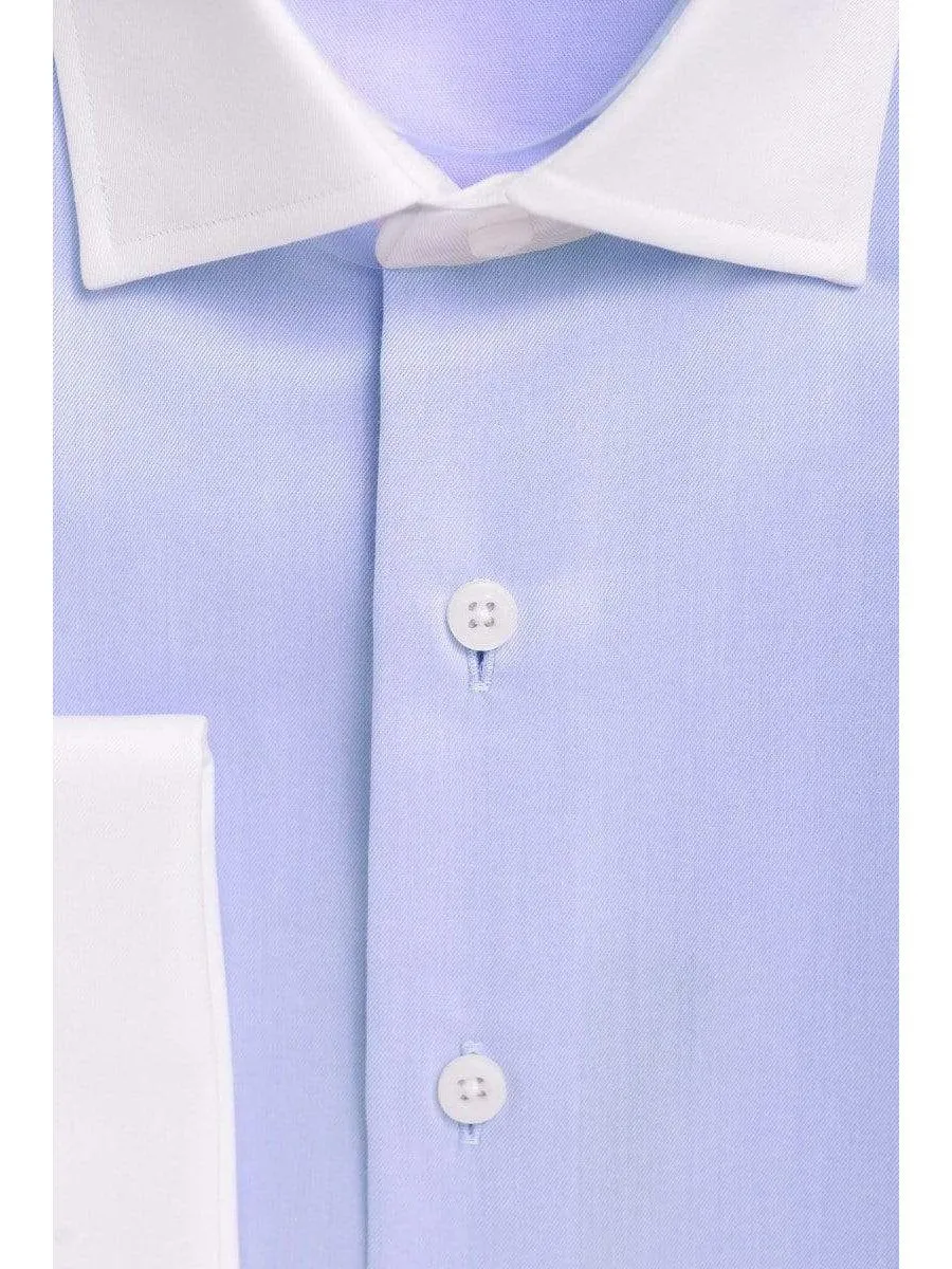 Mens Slim Fit Solid Blue Spread Contrast Collar French Cuff Cotton Dress Shirt