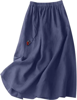 Midi Skirts for Women Stretchy Waist Belt Flowy Swing Skirt Casual Solid Color Knee Length Skirts with Zip Pockets
