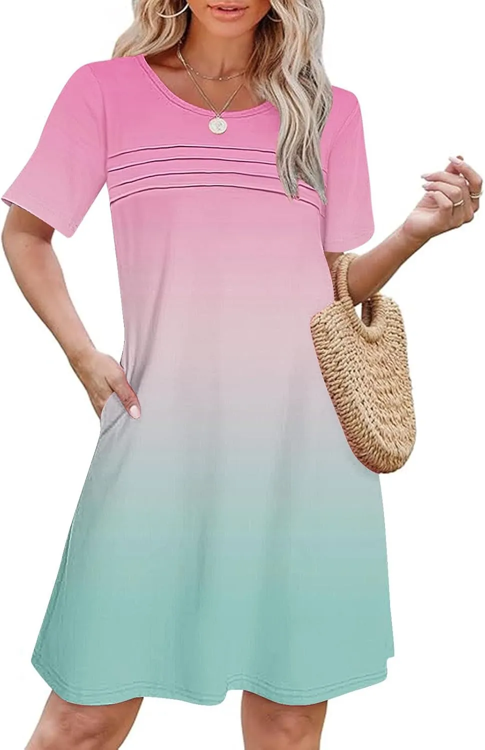 Mini Dresses for Women Casual Round Neck Short Sleeve Tunic Dress Comfy Ruched Gradient Colors Dress with Pockets