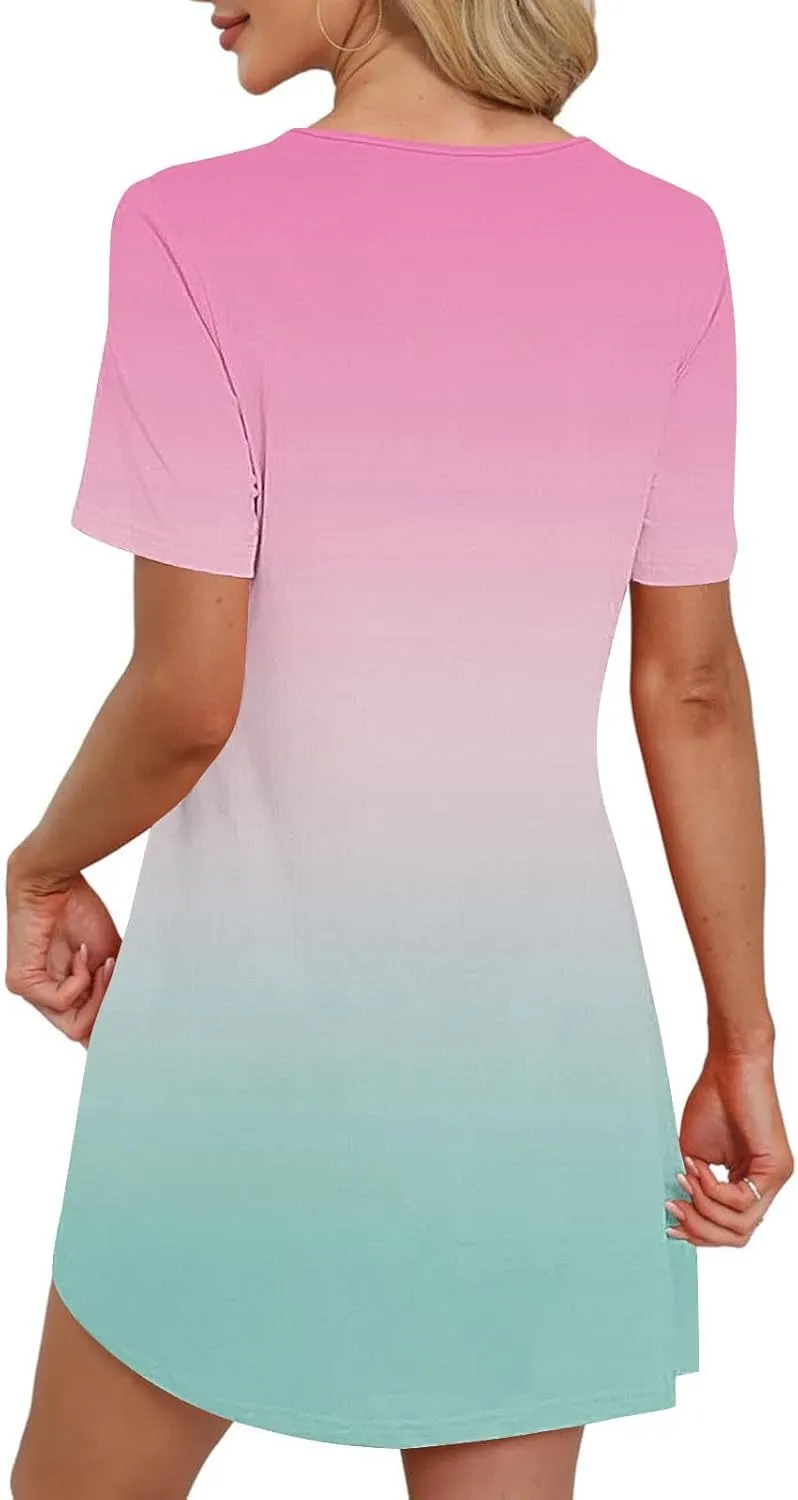 Mini Dresses for Women Casual Round Neck Short Sleeve Tunic Dress Comfy Ruched Gradient Colors Dress with Pockets