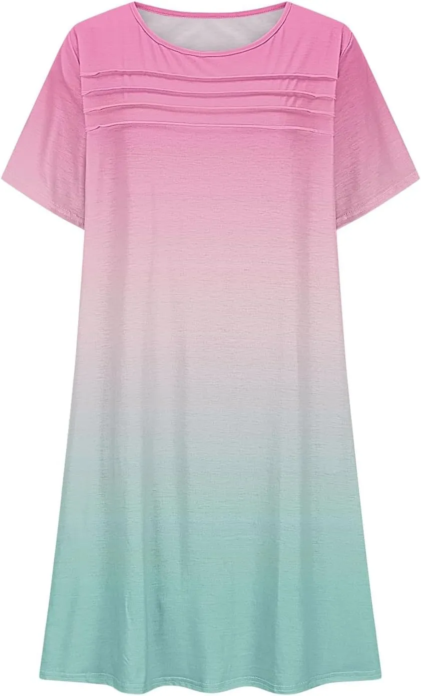 Mini Dresses for Women Casual Round Neck Short Sleeve Tunic Dress Comfy Ruched Gradient Colors Dress with Pockets