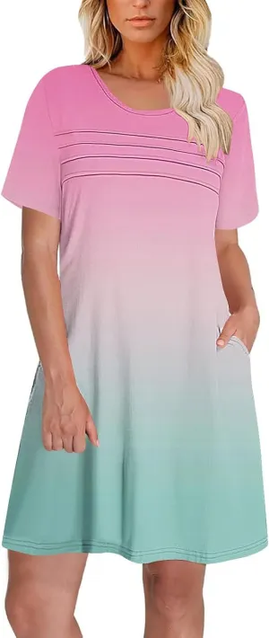 Mini Dresses for Women Casual Round Neck Short Sleeve Tunic Dress Comfy Ruched Gradient Colors Dress with Pockets