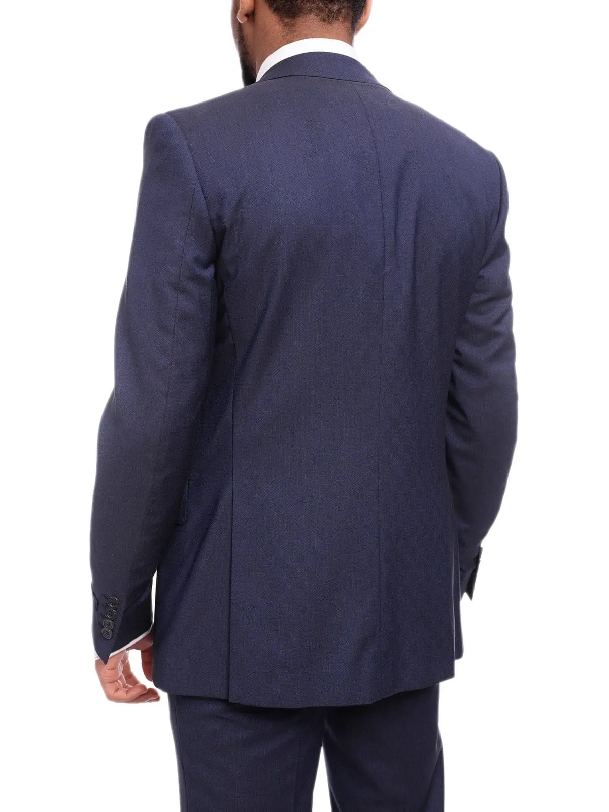 Napoli Slim Fit Textured Navy Blue Two Button Half Canvassed Marzotto Wool Suit