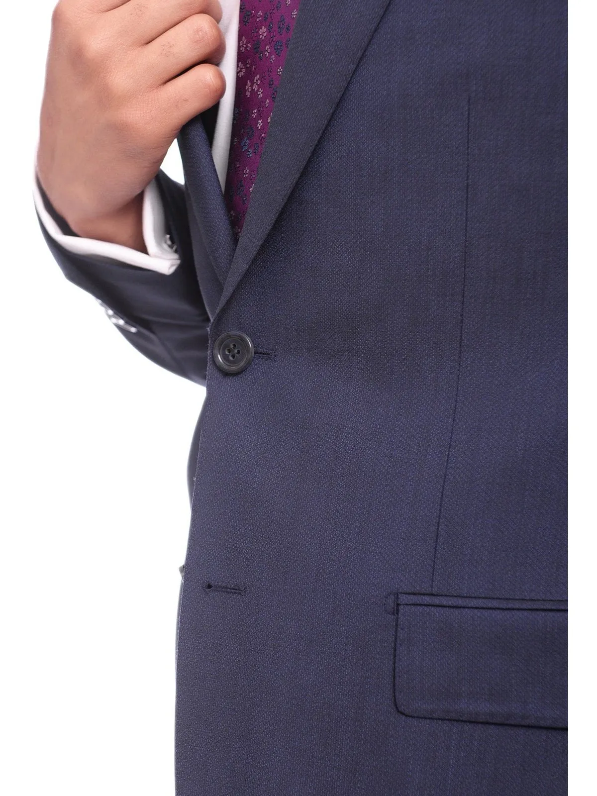 Napoli Slim Fit Textured Navy Blue Two Button Half Canvassed Marzotto Wool Suit