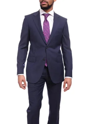 Napoli Slim Fit Textured Navy Blue Two Button Half Canvassed Marzotto Wool Suit