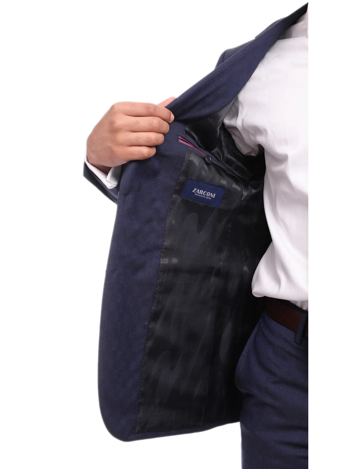 Napoli Slim Fit Textured Navy Blue Two Button Half Canvassed Marzotto Wool Suit