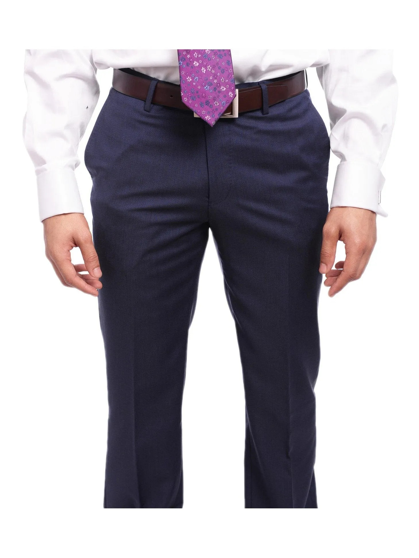 Napoli Slim Fit Textured Navy Blue Two Button Half Canvassed Marzotto Wool Suit