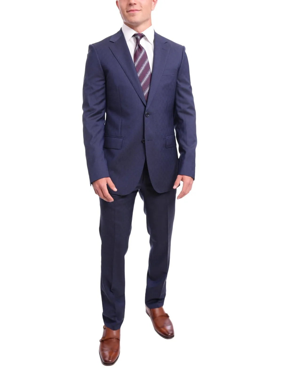 Napoli Slim Fit Textured Navy Blue Two Button Half Canvassed Marzotto Wool Suit