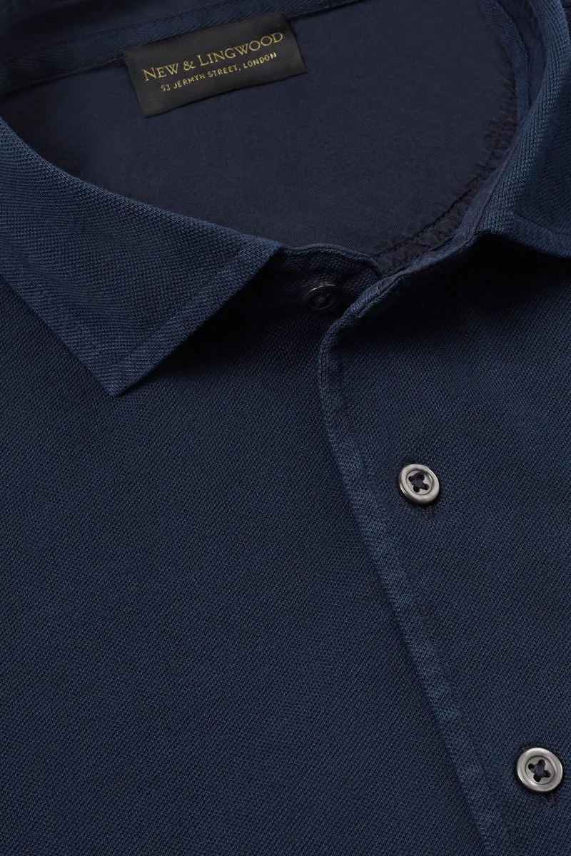 Navy Long Sleeve Piqué Cotton Shirt