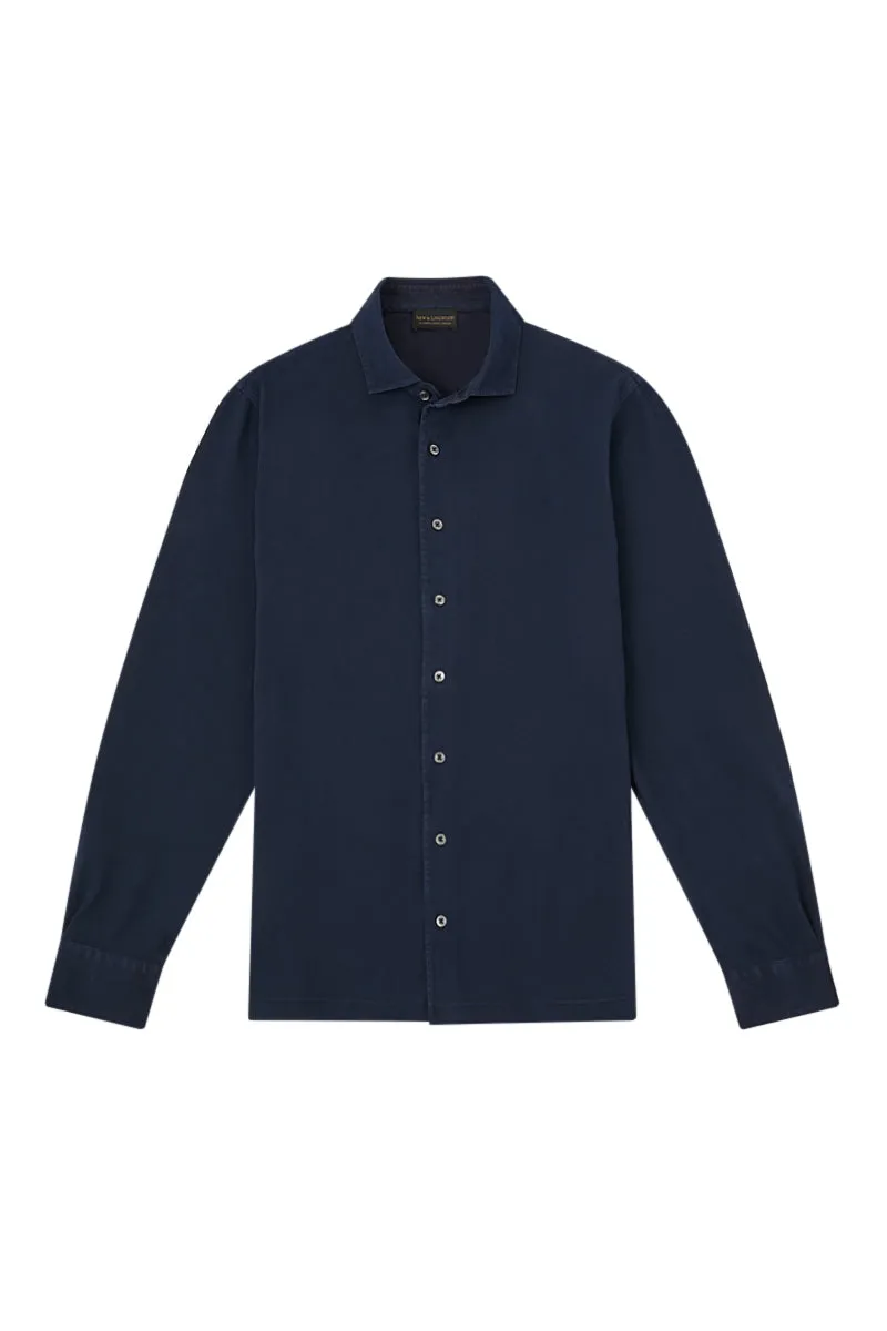 Navy Long Sleeve Piqué Cotton Shirt