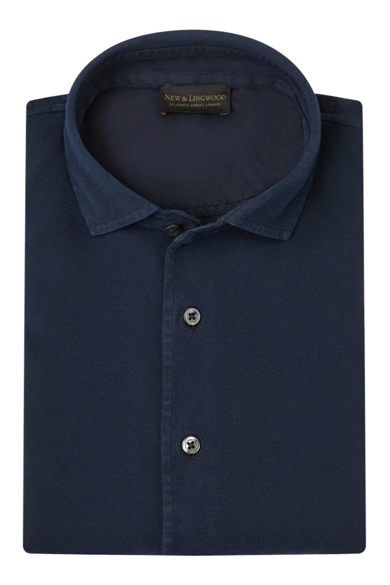 Navy Long Sleeve Piqué Cotton Shirt