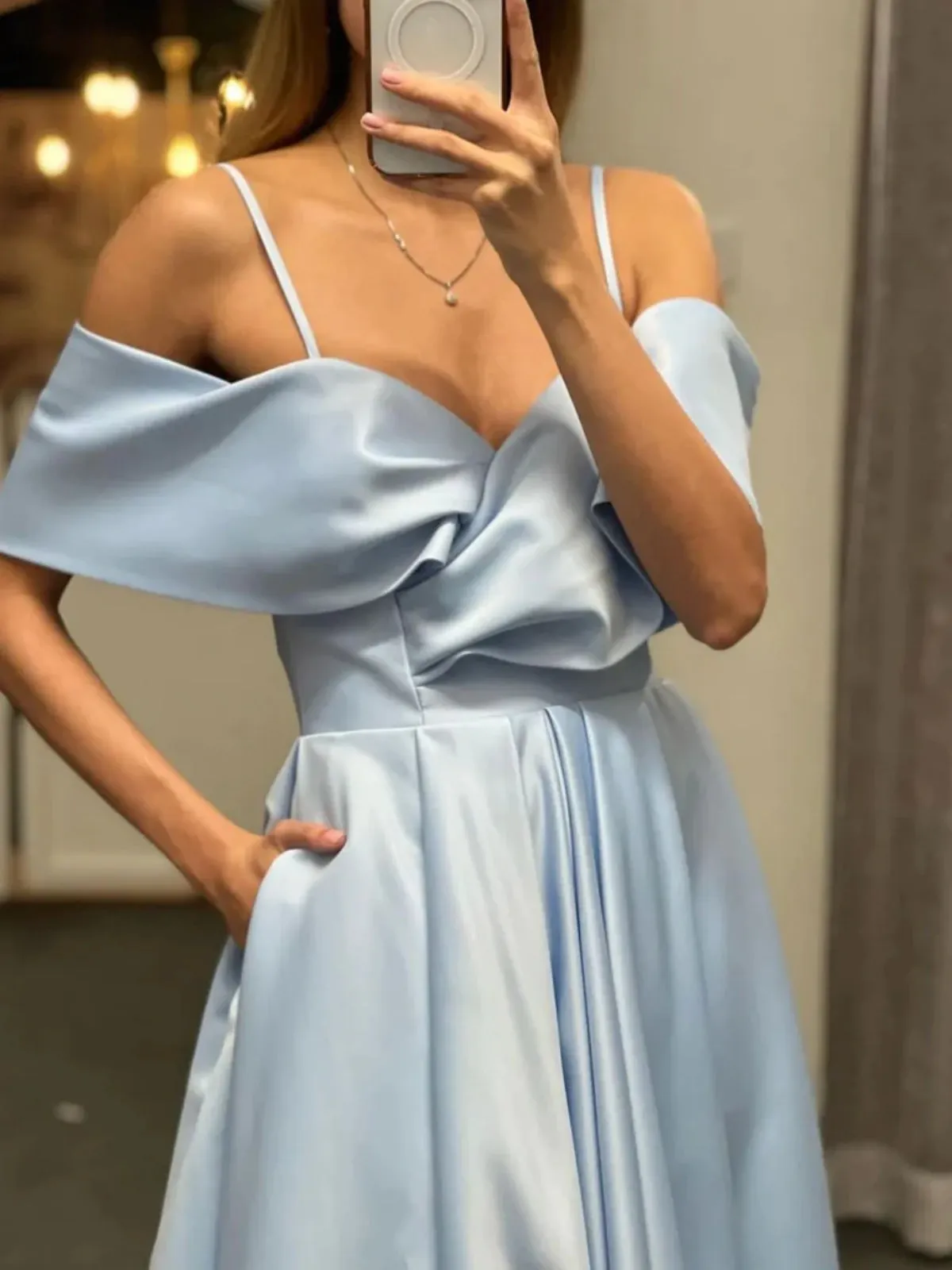 Off Shoulder Light Blue Long Prom Dresses, Off the Shoulder Formal Dresses, Light Blue Evening Dresses SP2692