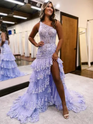 One Shoulder Mermaid Purple Lace Layered Prom Dresses, Purple Mermaid Lace Layered Formal Graduation Dresses