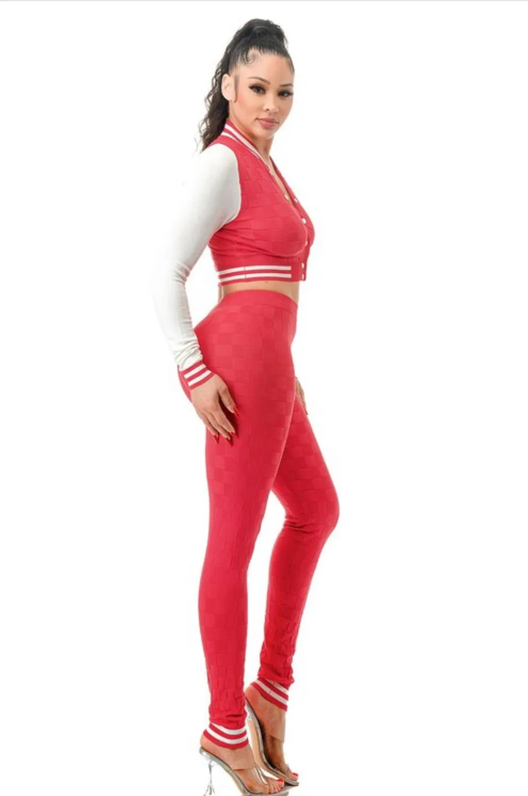 Personal Preference 2-Piece Raspberry Knit Top and Bottom Matching Varsity Set