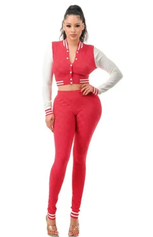 Personal Preference 2-Piece Raspberry Knit Top and Bottom Matching Varsity Set