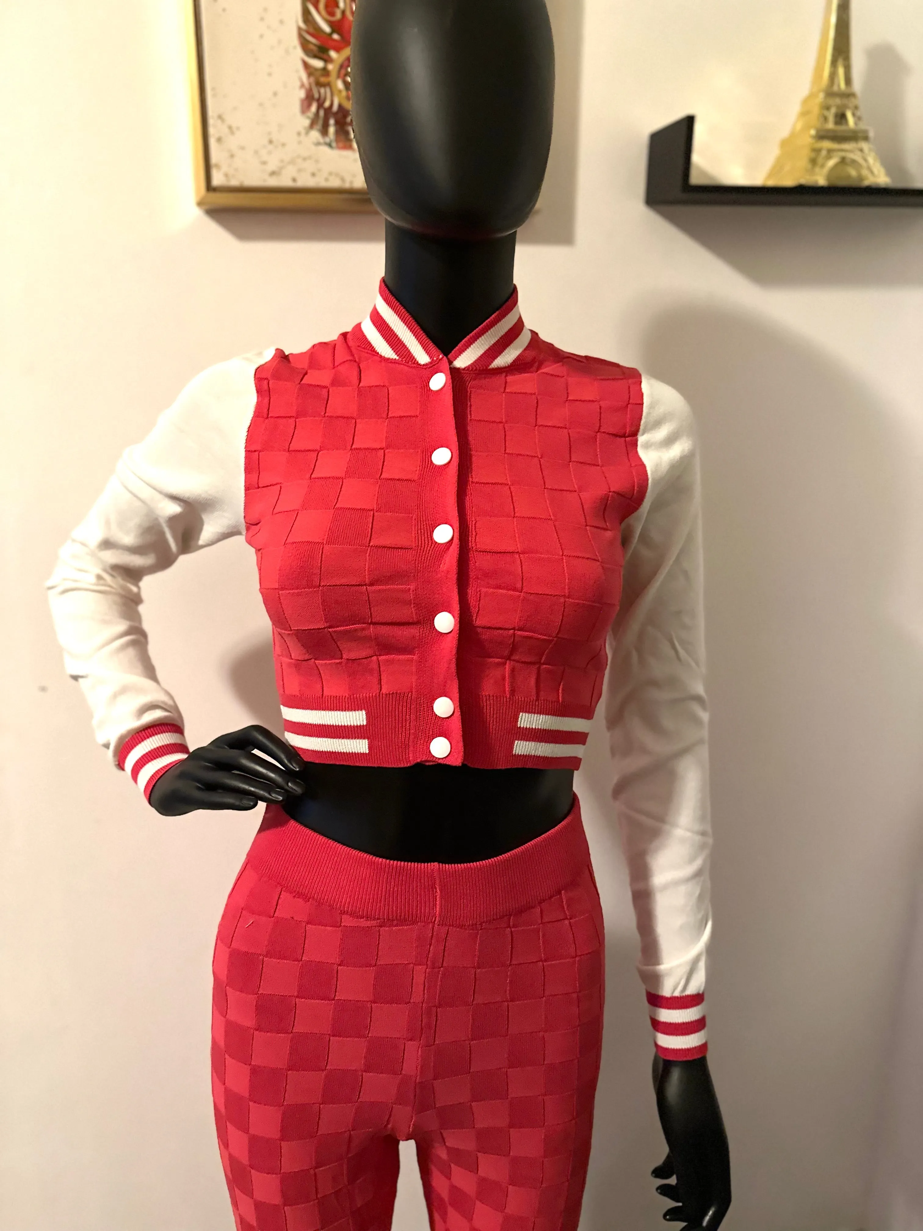 Personal Preference 2-Piece Raspberry Knit Top and Bottom Matching Varsity Set