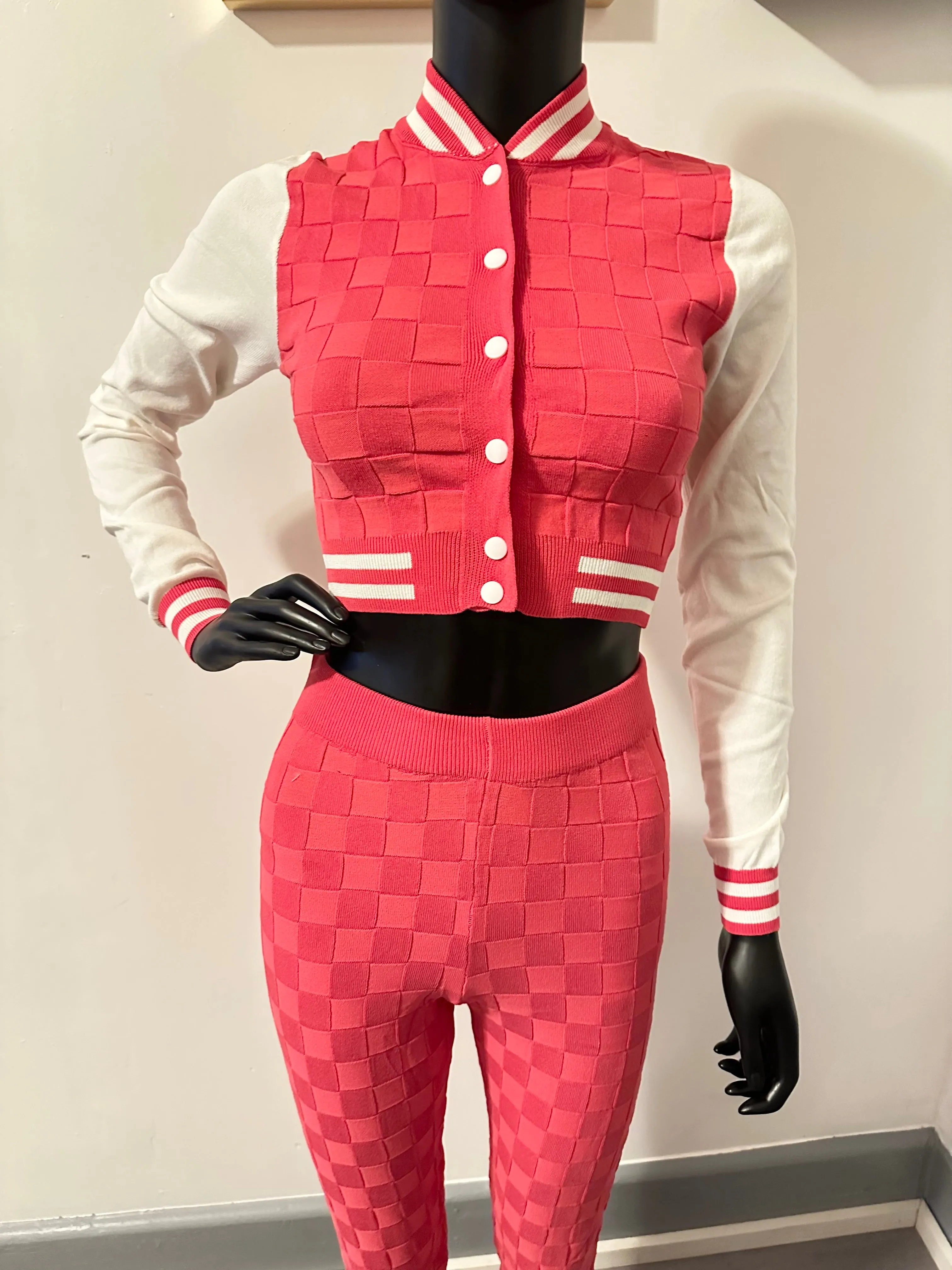Personal Preference 2-Piece Raspberry Knit Top and Bottom Matching Varsity Set