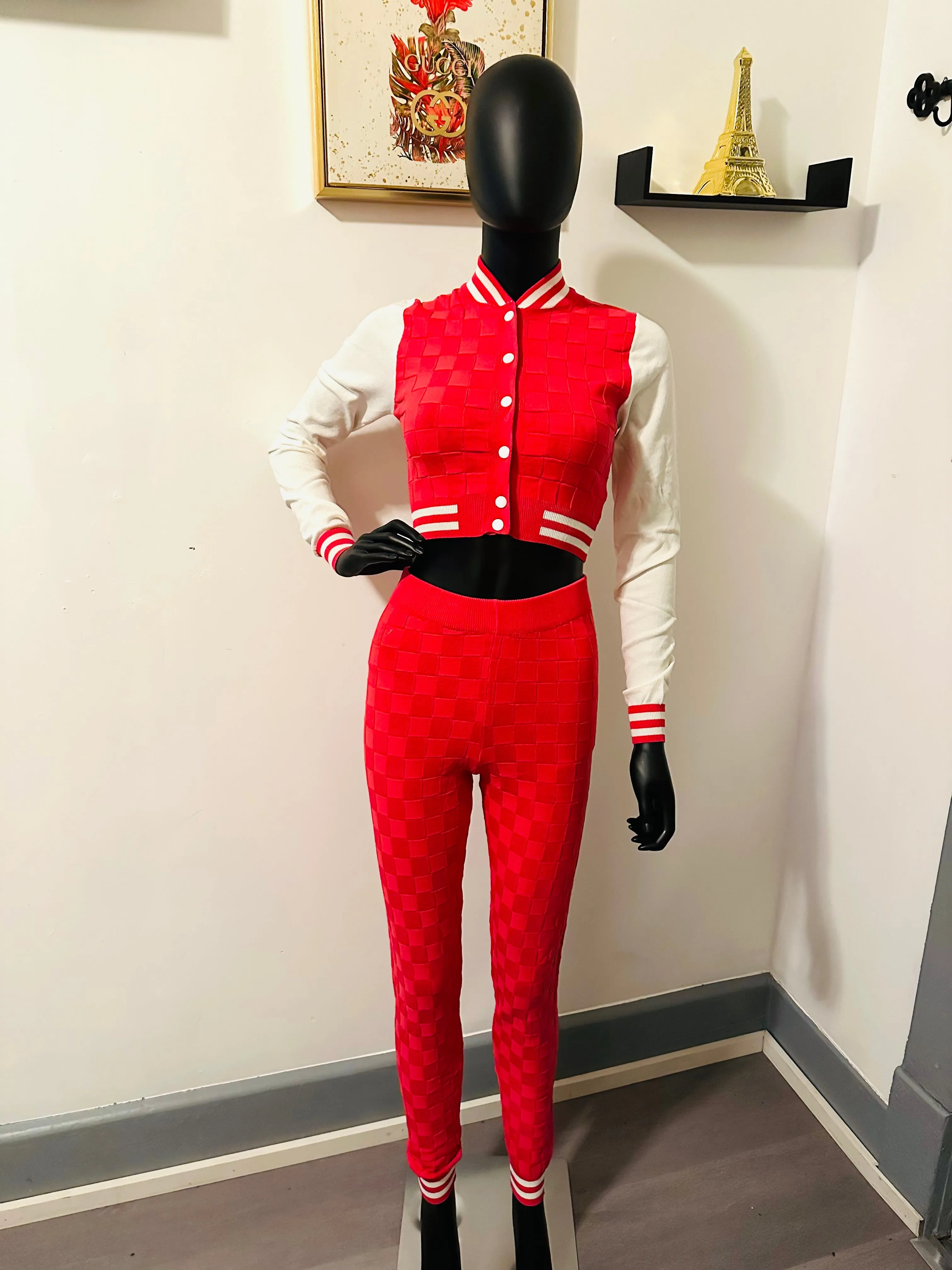 Personal Preference 2-Piece Raspberry Knit Top and Bottom Matching Varsity Set