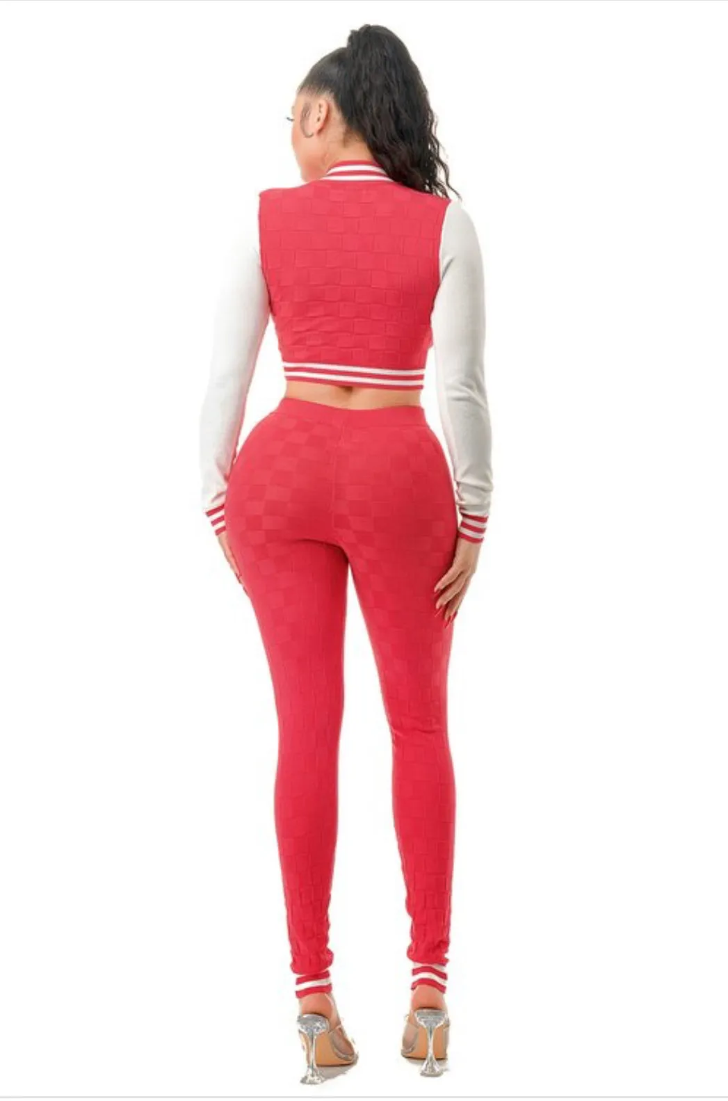 Personal Preference 2-Piece Raspberry Knit Top and Bottom Matching Varsity Set