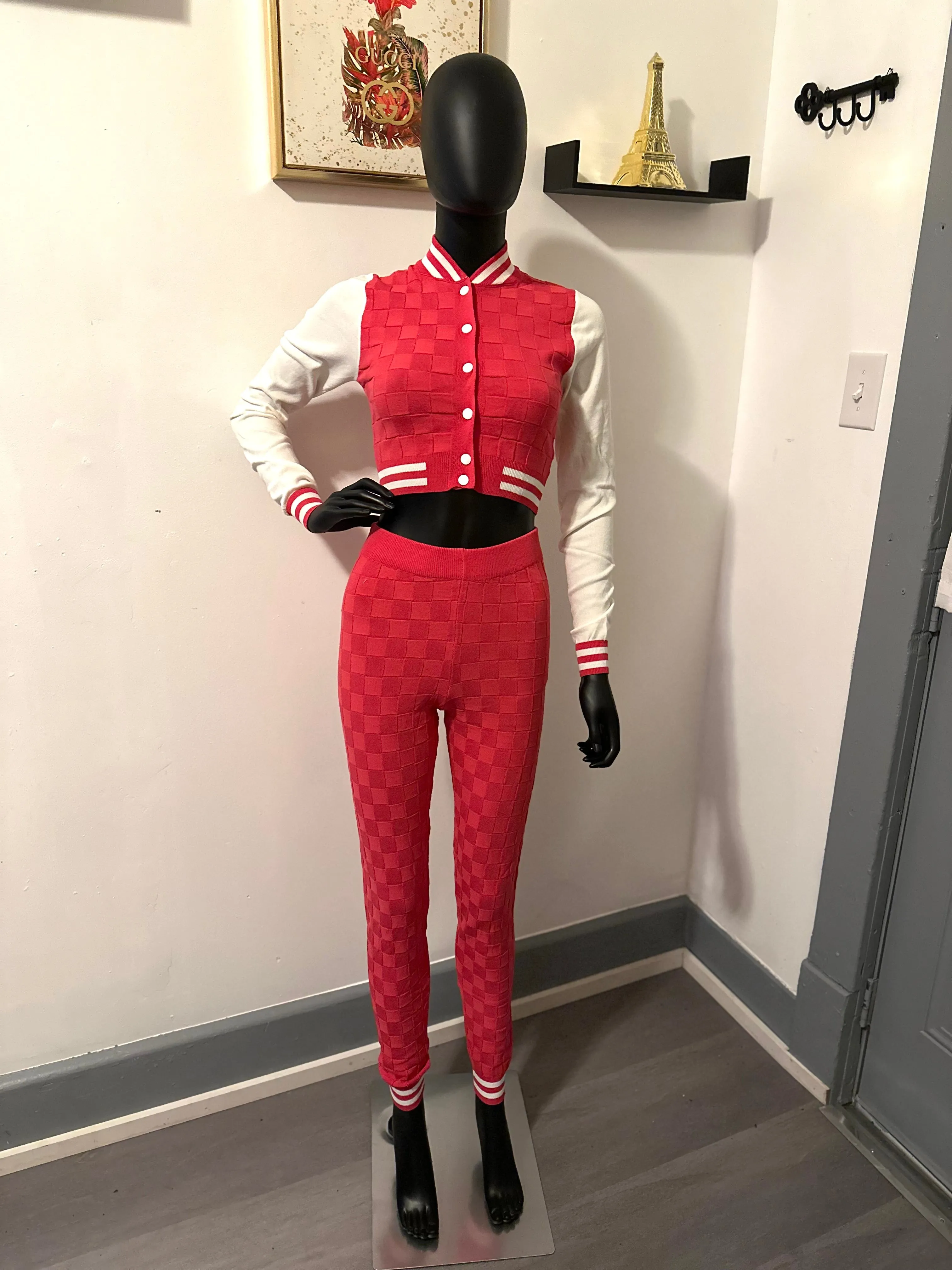 Personal Preference 2-Piece Raspberry Knit Top and Bottom Matching Varsity Set
