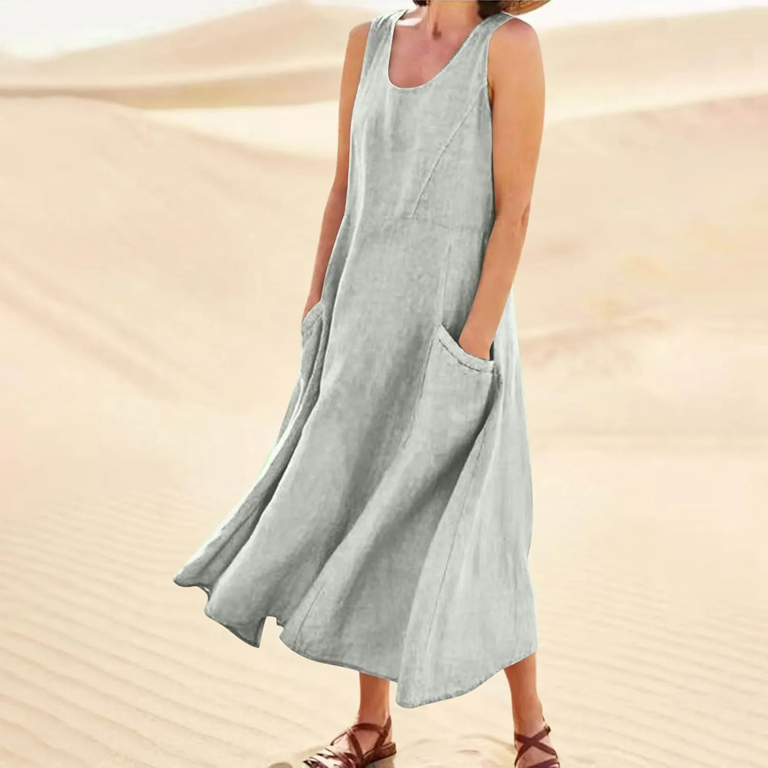 Plus Size Dresses for Curvy Women 2025 Flowy Round Neck Sleeveless Sundress Solid A Line Beach Midi Dress with Pocket