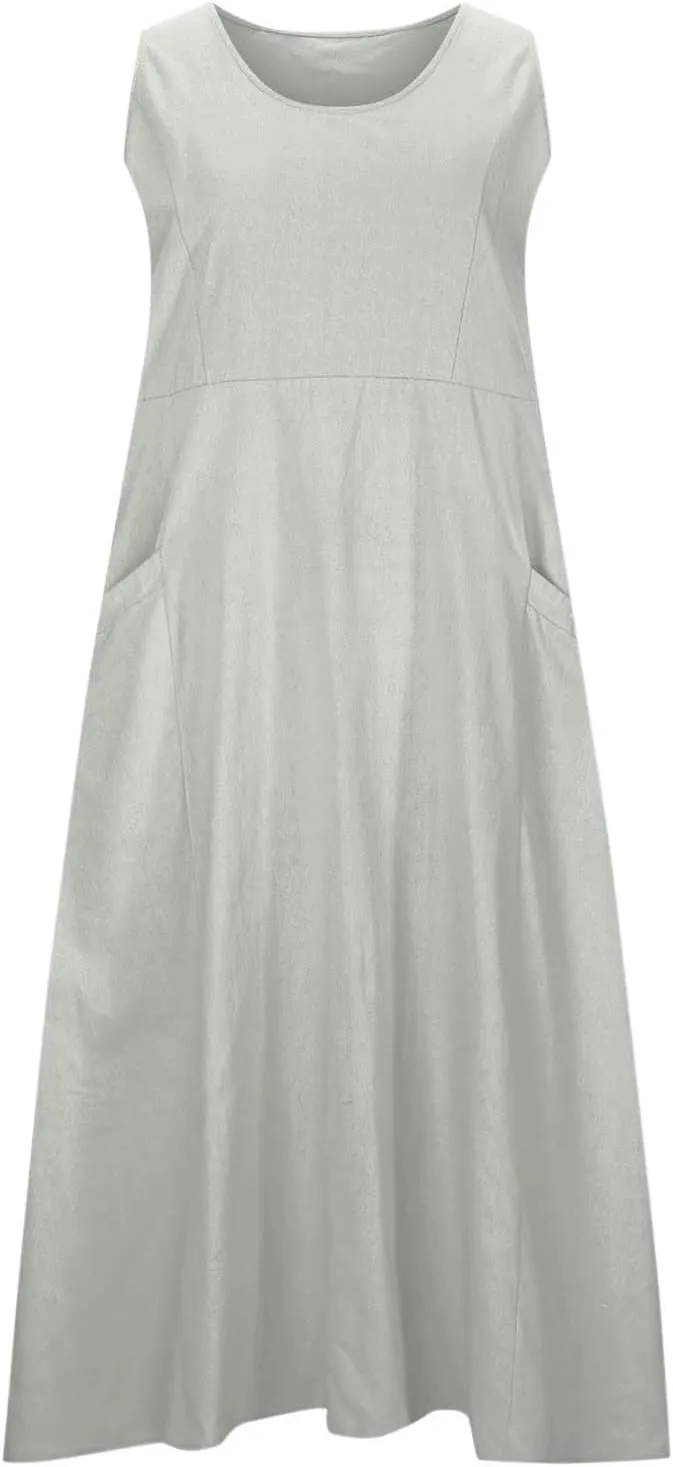 Plus Size Dresses for Curvy Women 2025 Flowy Round Neck Sleeveless Sundress Solid A Line Beach Midi Dress with Pocket