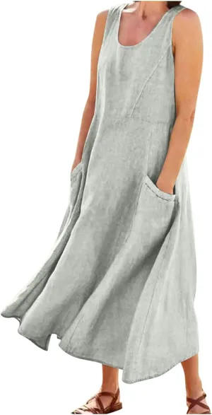 Plus Size Dresses for Curvy Women 2025 Flowy Round Neck Sleeveless Sundress Solid A Line Beach Midi Dress with Pocket