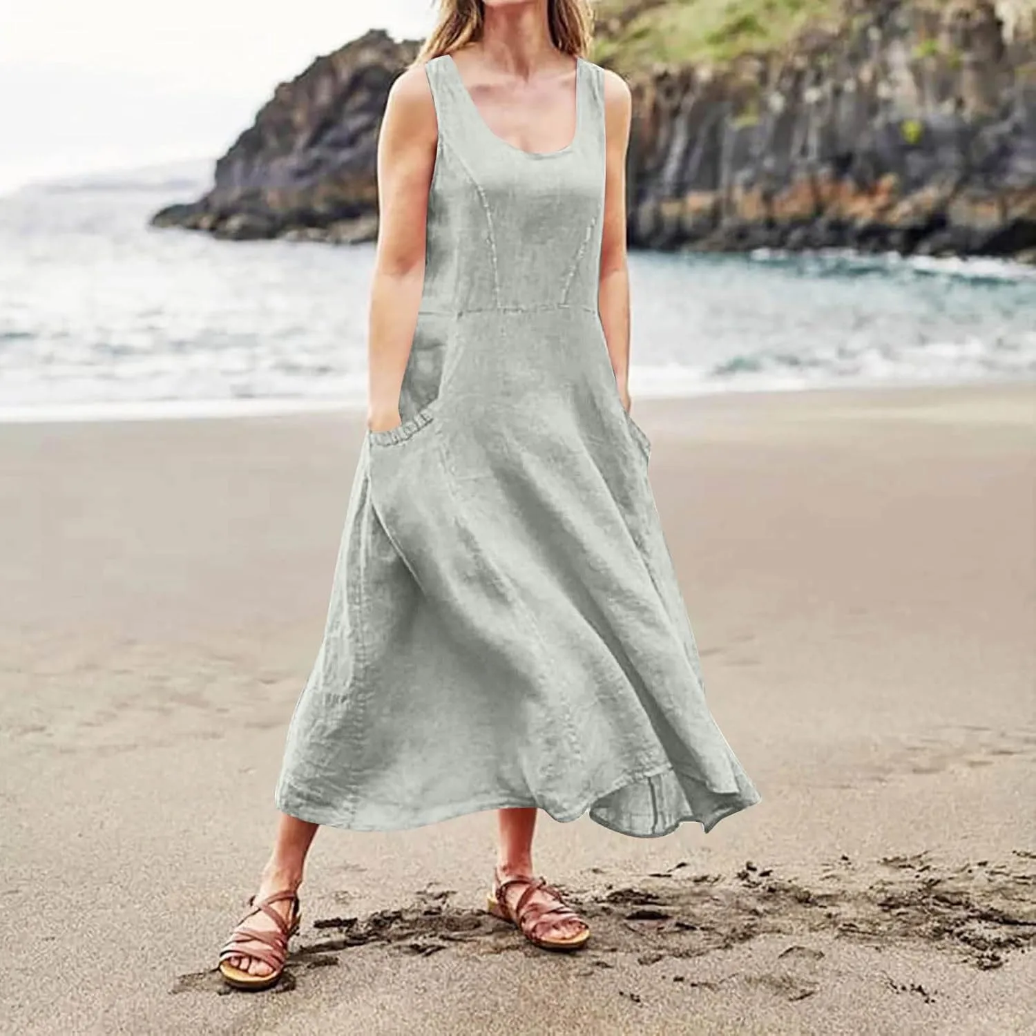 Plus Size Dresses for Curvy Women 2025 Flowy Round Neck Sleeveless Sundress Solid A Line Beach Midi Dress with Pocket