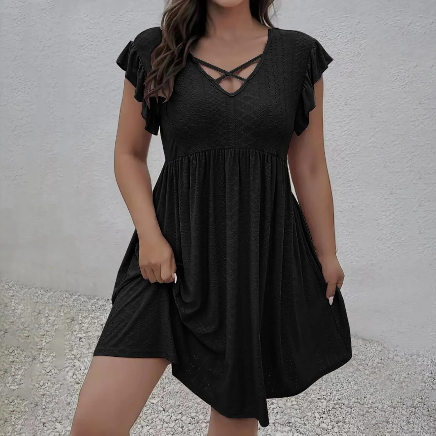 Plus Size Dresses for Curvy Women Criss Cross V Neck Ruffle Sleeve Mini Dress High Waist Hollow Out Lounge Dress