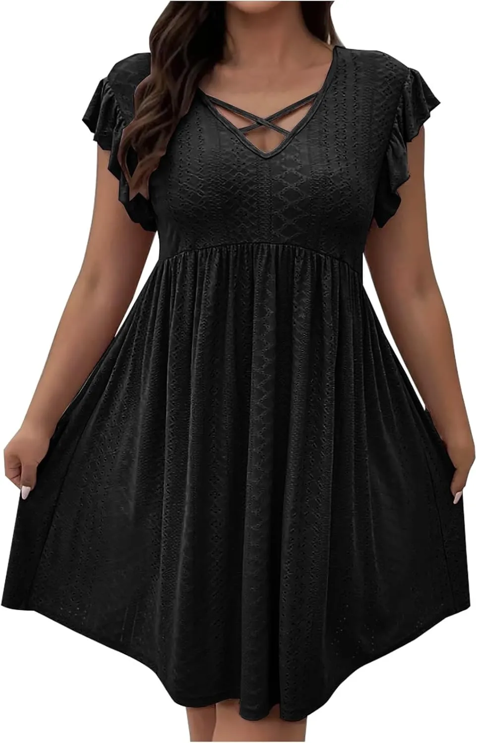 Plus Size Dresses for Curvy Women Criss Cross V Neck Ruffle Sleeve Mini Dress High Waist Hollow Out Lounge Dress