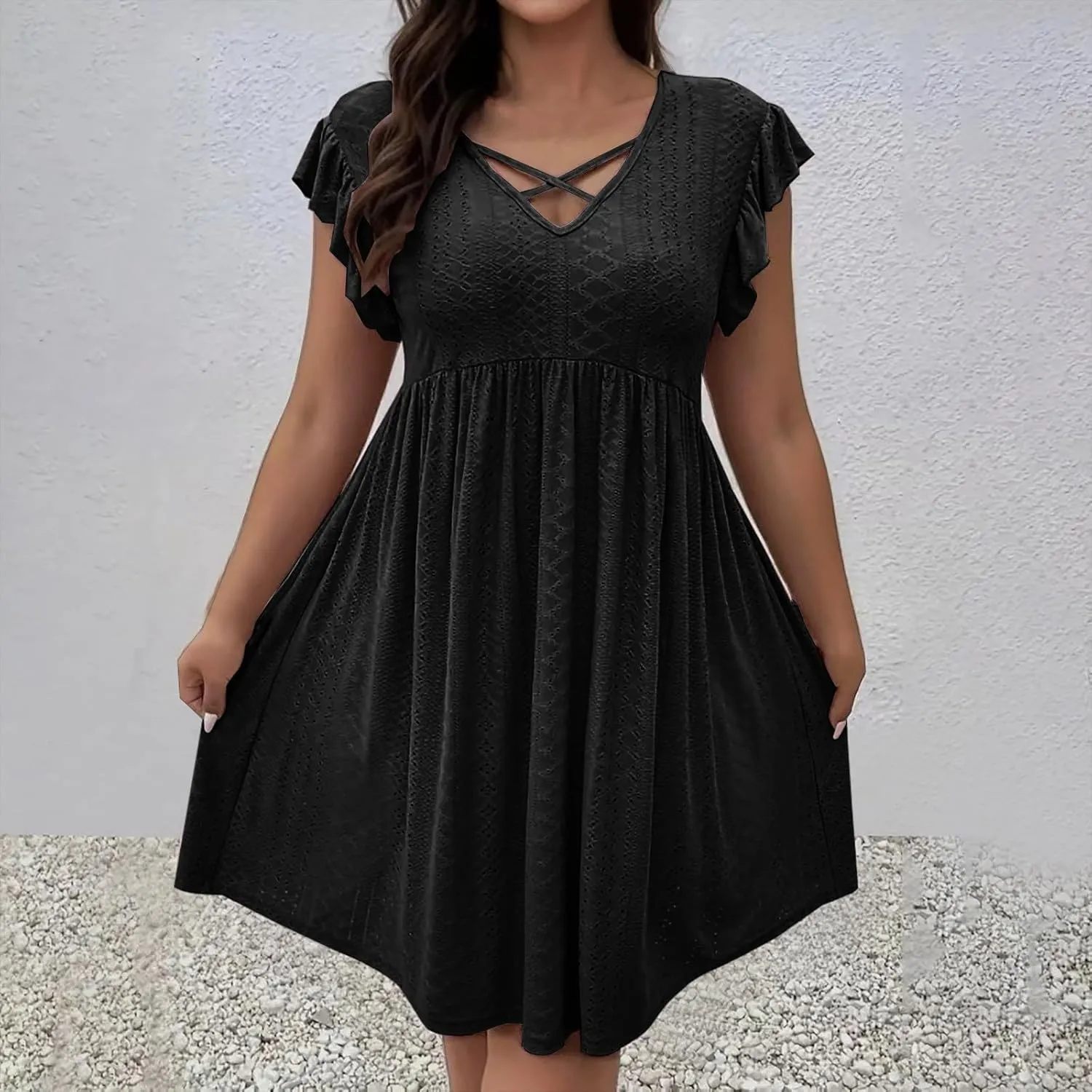 Plus Size Dresses for Curvy Women Criss Cross V Neck Ruffle Sleeve Mini Dress High Waist Hollow Out Lounge Dress