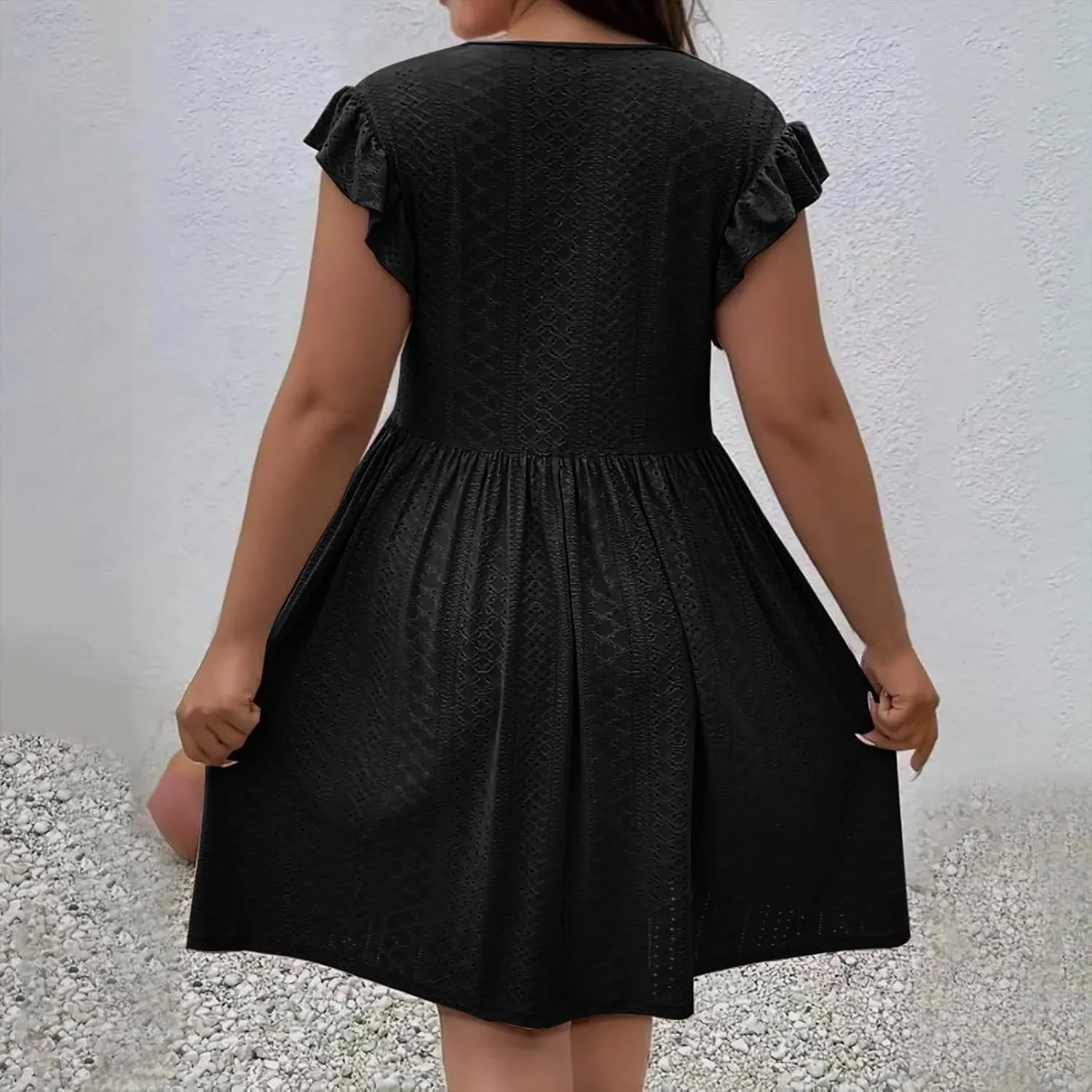Plus Size Dresses for Curvy Women Criss Cross V Neck Ruffle Sleeve Mini Dress High Waist Hollow Out Lounge Dress