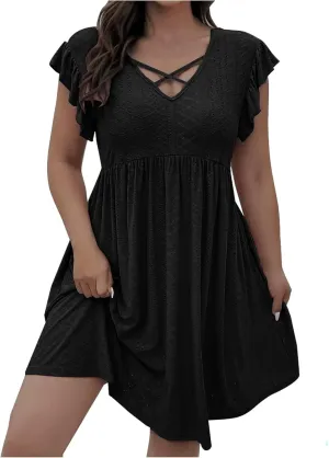 Plus Size Dresses for Curvy Women Criss Cross V Neck Ruffle Sleeve Mini Dress High Waist Hollow Out Lounge Dress