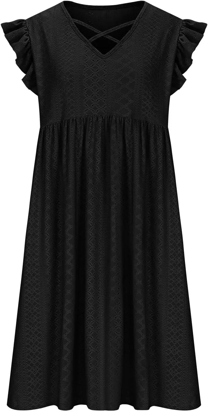 Plus Size Dresses for Curvy Women Criss Cross V Neck Ruffle Sleeve Mini Dress High Waist Hollow Out Lounge Dress