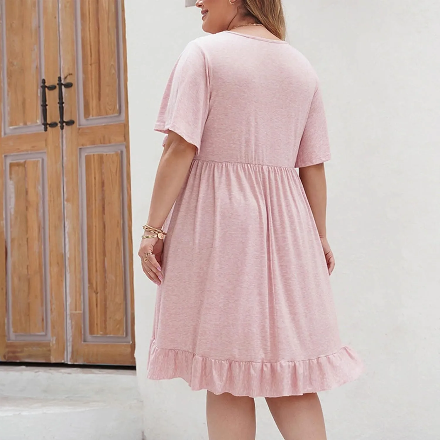Plus Size Dresses for Curvy Women Loose Fit Crew Neck Half Sleeve Midi Dress Elegant Lace Stitching Knee Length Dress