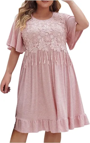 Plus Size Dresses for Curvy Women Loose Fit Crew Neck Half Sleeve Midi Dress Elegant Lace Stitching Knee Length Dress