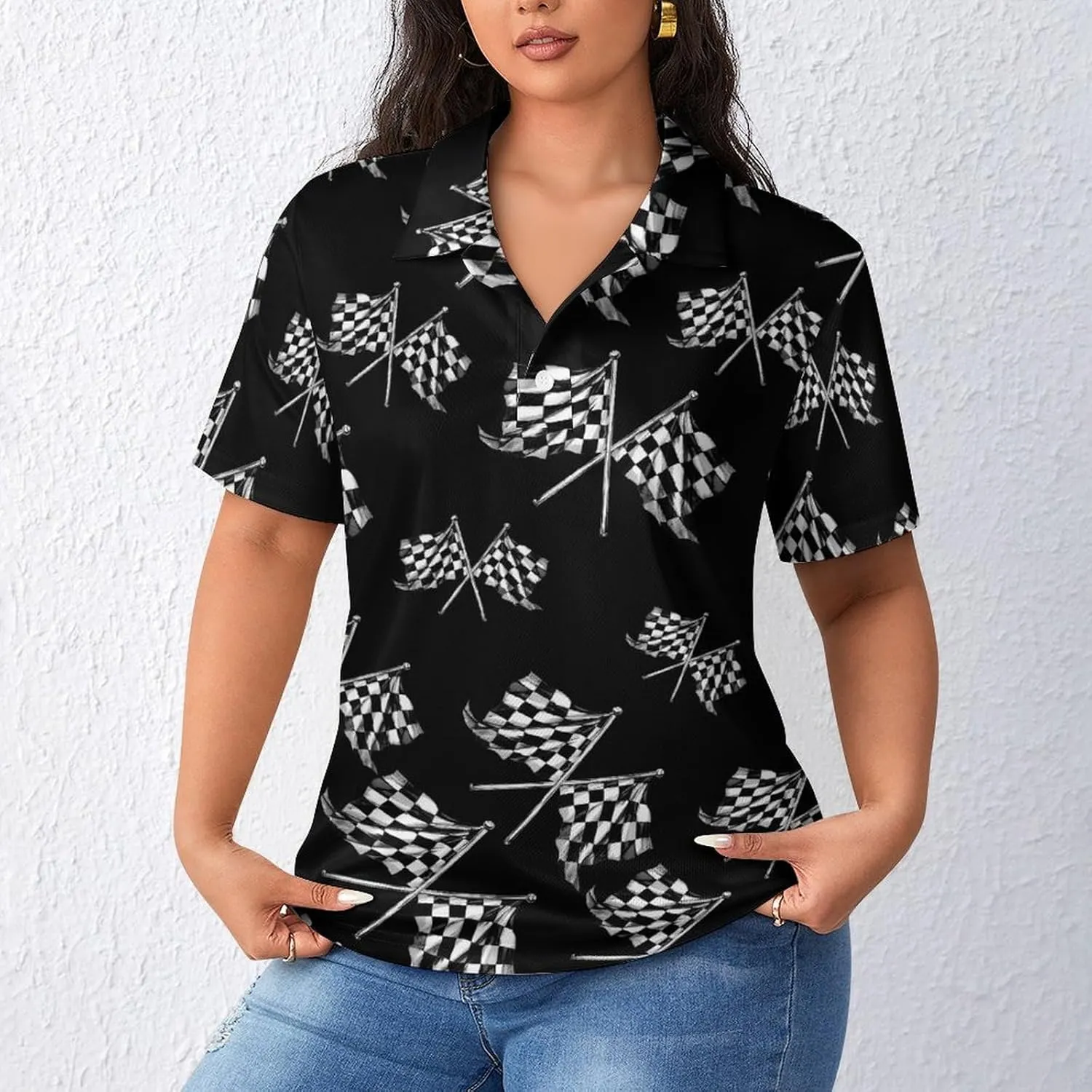 Racer Race Checkered Flags Women's Short Sleeve Polo Shirts Casual Collared T-Shirts Golf Shirts Sport Blouses Tops