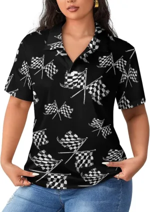 Racer Race Checkered Flags Women's Short Sleeve Polo Shirts Casual Collared T-Shirts Golf Shirts Sport Blouses Tops