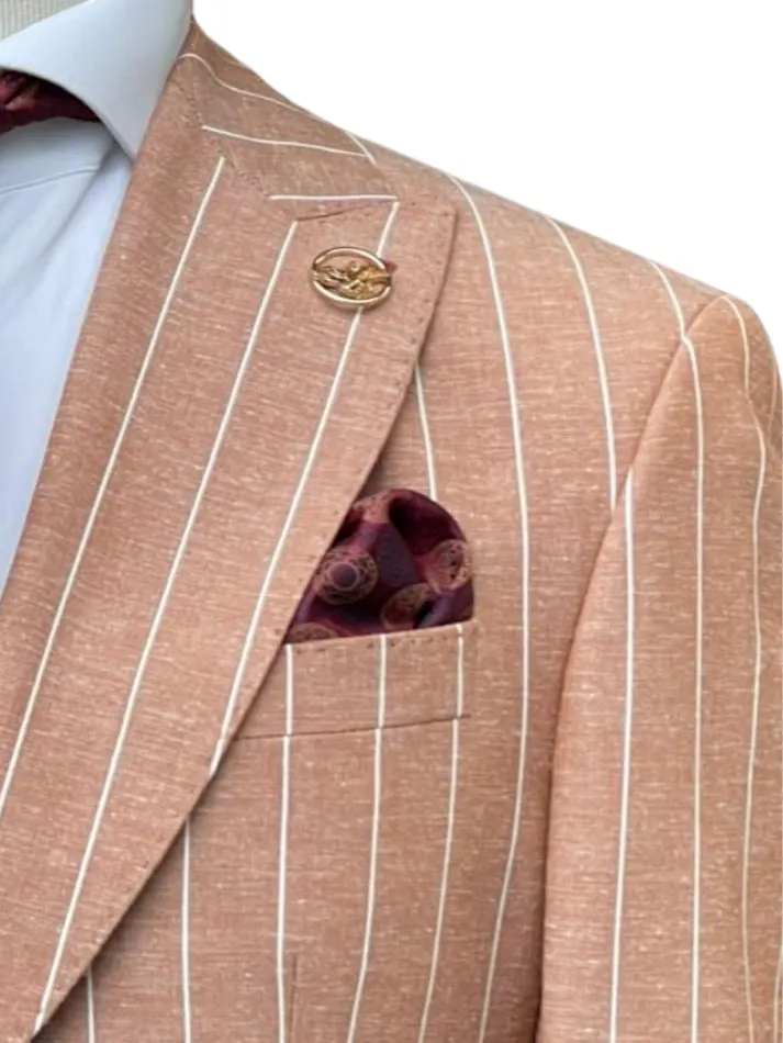 Romaster Mens Slim Fit Rust Pinstriped Linen Blend 2 Piece Suit